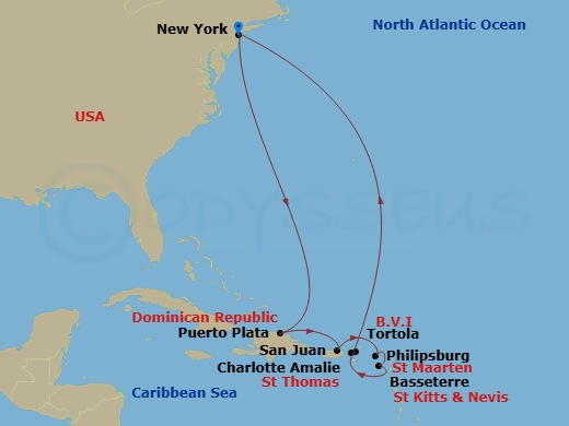 NCL Norwegian Bliss - 12 Night - Eastern Caribbean - New York - NCL Norwegian Bliss - Starting in New York City, Ny, Puerto Plata, Dominican Republic, San Juan, Pr, Philipsburg, St.. itinerary map