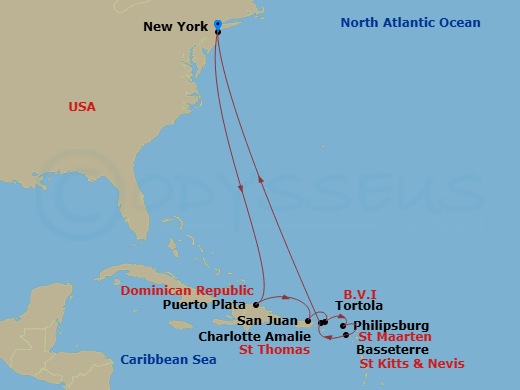 Norwegian Bliss - 12 Night - Eastern Caribbean - New York - Norwegian Bliss - Starting in New York City, Ny, Puerto Plata, Dominican Republic, San Juan, Pr, Tortola, British Vi.. itinerary map