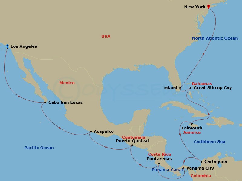 NCL Norwegian Bliss - 20 Night - Repo - Panama Canal - NCL Norwegian Bliss - Starting in Los Angeles, Ca, Cabo San Lucas, Mexico, Acapulco, Mexico, Puerto Quetzal, Guatemala, Puert.. itinerary map