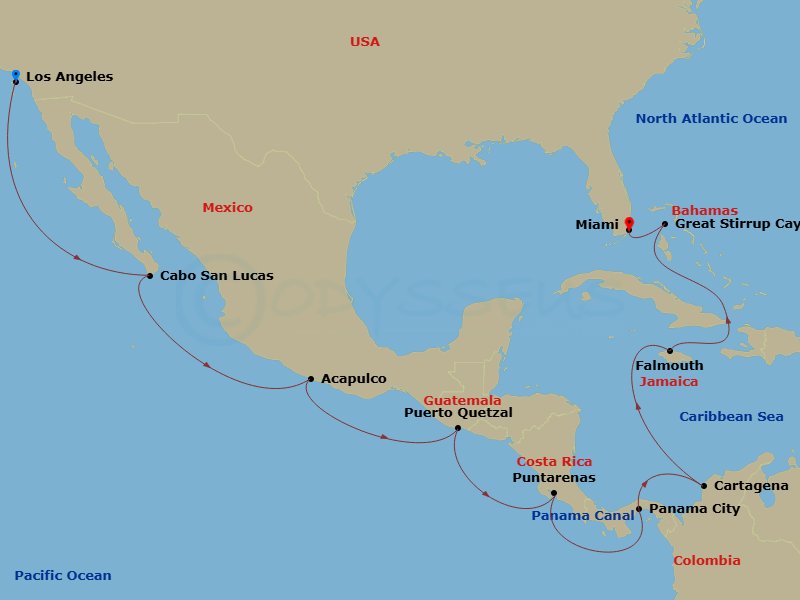 NCL Norwegian Bliss - 17 Night - Repo - Panama Canal - NCL Norwegian Bliss - Starting in Los Angeles, Ca, Cabo San Lucas, Mexico, Acapulco, Mexico, Puerto Quetzal, Guatemala, Puert.. itinerary map