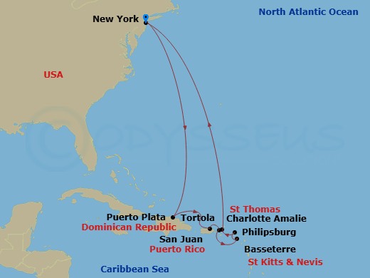 Norwegian Bliss - 12 Night - Eastern Caribbean - New York - Norwegian Bliss - Starting in New York City, Ny, Puerto Plata, Dominican Republic, San Juan, Pr, Tortola, British Vi.. itinerary map