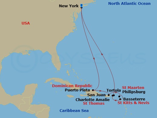 Norwegian Bliss - 12 Night - Eastern Caribbean - New York - Norwegian Bliss - Starting in New York City, Ny, Puerto Plata, Dominican Republic, San Juan, Pr, Philipsburg, St Maa.. itinerary map