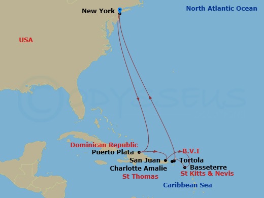 Norwegian Bliss - 11 Night - Eastern Caribbean - New York - Norwegian Bliss - Starting in New York City, Ny, Puerto Plata, Dominican Republic, San Juan, Pr, Basseterre, Saint K.. itinerary map