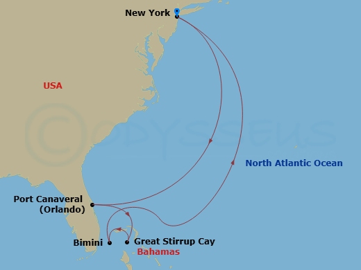 NCL Norwegian Bliss - 8 Night - Bahamas - New York - NCL Norwegian Bliss - Starting in New York City, Ny, Orlando Beaches / Port Canaveral, Fl, Great Stirrup Cay, Bahamas, Bimini,.. itinerary map