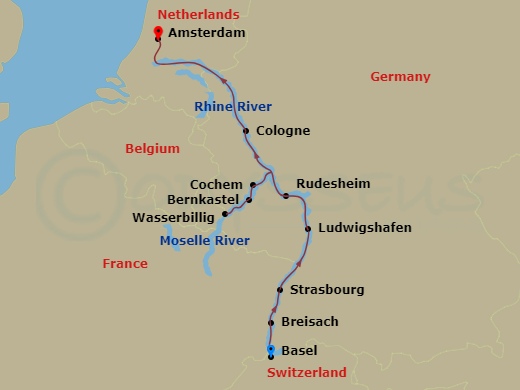 AmaCerto Cruise Tours - 14 Night - Rhine & Moselle Delights with Zurich, Lake Lucerne Pre-Cruise - AmaCerto Cruise Tours - Starting in Basel, Breisach, Strasbourg, Ludwigshafen, Rude.. itinerary map