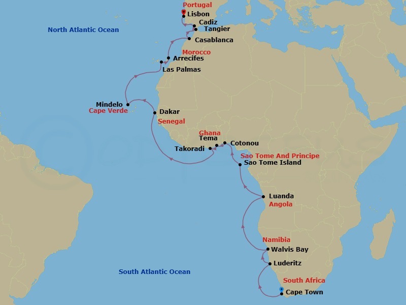 30 Night - Africa's West Coast : Cape Town to Cabo Verde - Seabourn Quest - Starting in Cape Town, South Africa, Luderitz, Namibia, Walvis Bay, Namibia, Luanda, Angola, Sao Tome, Sao Tome and Principe, Cotonou, Benin, Tema (Accra), Ghana, Takoradi, Ghana, Dakar, Senegal, Mindelo, Cape Verde, Las Palmas, Gran Canaria, Canary Islands, Spain, Arrecife, Lanzarote, Canary Islands, Spain, Casablanca, Morocco, Tangier, Morocco, Cadiz (Seville), Spain, Lisbon, Portugal itinerary map