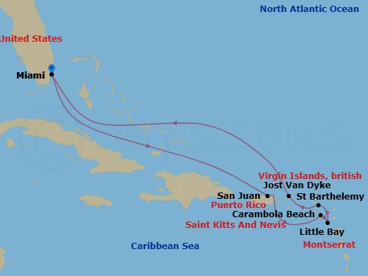 10 Night - Southern Caribbean & St. Barts - Seabourn Quest - Starting in Miami, Florida, San Juan, Puerto Rico, Carambola Beach, Saint Kitts and Nevis, Little Bay, Montserrat, Gustavia, Saint Barthelemy, Great Harbour, Jost van Dyke, British Virgin Islands, Miami, Florida itinerary map