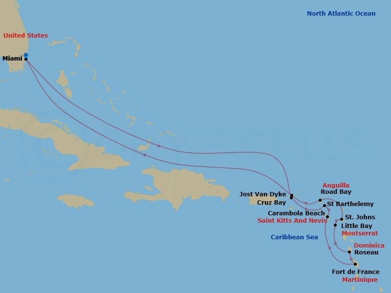 14 Night - Windward & Leeward Islands - Seabourn Quest - Starting in Miami, Florida, St John VI, US Virgin Islands, Gustavia, Saint Barthelemy, Carambola Beach, Saint Kitts and Nevis, Fort-De-France, Martinique, Roseau, Dominica, Little Bay, Montserrat, St Johns AG, Antigua, Road Bay, Anguilla, Great Harbour, Jost van Dyke, British Virgin Islands, Miami, Florida itinerary map