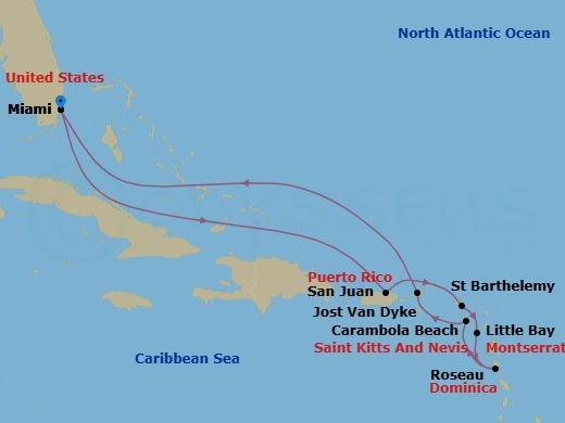 11 Night - Leeward Islands & Dominica Dreams - Seabourn Quest - Starting in Miami, Florida, San Juan, Puerto Rico, Gustavia, Saint Barthelemy, Little Bay, Montserrat, Roseau, Dominica, Carambola Beach, Saint Kitts and Nevis, Great Harbour, Jost van Dyke, British Virgin Islands, Miami, Florida itinerary map