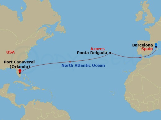 Norwegian Epic - 12 Night - Repo - Transatlantic - Norwegian Epic - Starting in Barcelona, Spain, Ponta Delgada, Portugal, Orlando Beaches / Port Canaveral, Fl itinerary map