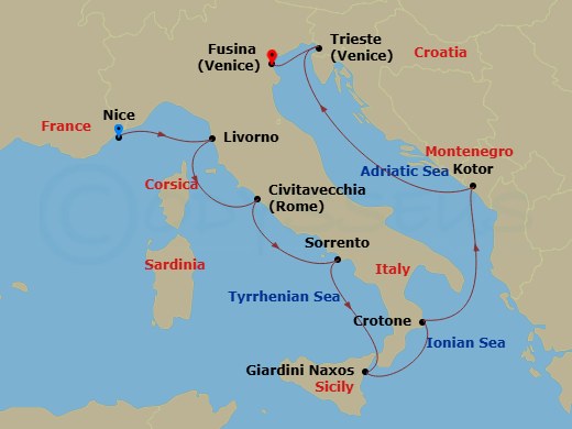 10 Night - Italy Intensive Cruise : Florence, Rome & Amalfi - Azamara Quest - Starting in Nice, Florence / Pisa (Livorno), Rome (Civitavecchia), Sorrento, Taormina (Giardini Naxos), Sicily, Crotone, Kotor, Trieste, Venice (Fusina) itinerary map