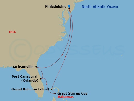 8 Night - Bahamas -Philadelphia - Norwegian Pearl - Starting in Philadelphia, Pa, Jacksonville, Florida, Orlando Beaches / Port Canaveral, Fl, Great Stirrup Cay, Bahamas, Grand Bahama Island, Bahamas, Philadelphia, Pa itinerary map