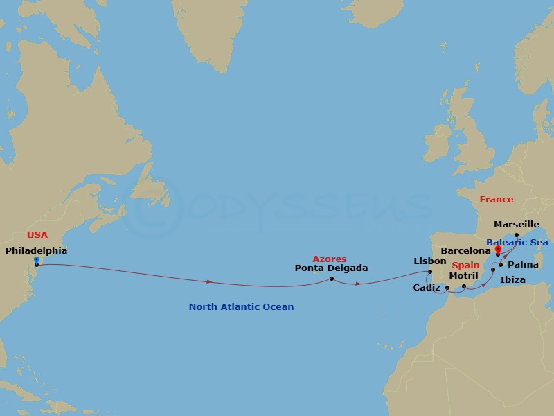NCL Norwegian Pearl - 14 Night - Repo - Transatlantic - NCL Norwegian Pearl - Starting in Philadelphia, Pa, Ponta Delgada, Portugal, Lisbon, Portugal, Cadiz / Seville, Spain, Motri.. itinerary map
