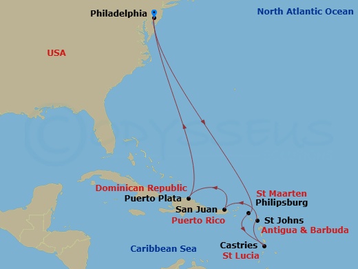 11 Night - Caribbean-Philadelphia - Norwegian Pearl - Starting in Philadelphia, Pa, Philipsburg, St Maarten, Netherland Antilles, St Lucia, Saint Lucia, St Johns AG, Antigua, San Juan, Pr, Puerto Plata, Dominican Republic, Philadelphia, Pa itinerary map
