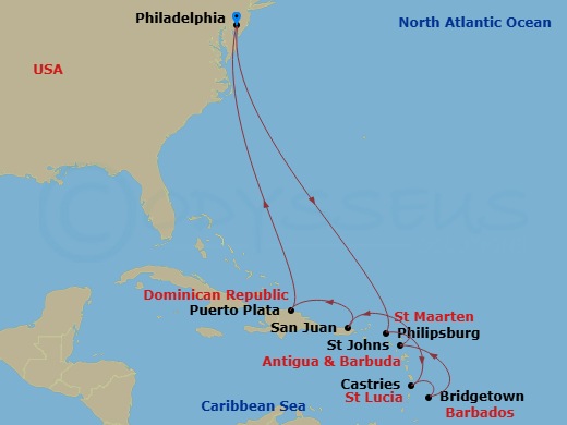 12 Night - Caribbean-Philadelphia - Norwegian Pearl - Starting in Philadelphia, Pa, Philipsburg, St Maarten, Netherland Antilles, St Lucia, Saint Lucia, Bridgetown, Barbados, St Johns AG, Antigua, San Juan, Pr, Puerto Plata, Dominican Republic, Philadelphia, Pa itinerary map
