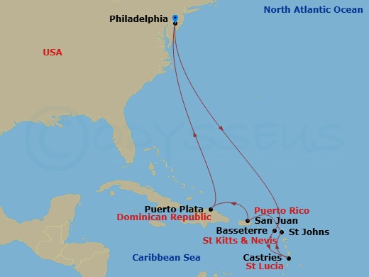11 Night - Caribbean-Philadelphia - Norwegian Pearl - Starting in Philadelphia, Pa, Basseterre, Saint Kitts / Nevis, St Lucia, Saint Lucia, St Johns AG, Antigua, San Juan, Pr, Puerto Plata, Dominican Republic, Philadelphia, Pa itinerary map