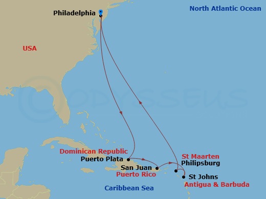 NCL Norwegian Pearl - 11 Night - Caribbean-Philadelphia - NCL Norwegian Pearl - Starting in Philadelphia, Pa, Puerto Plata, Dominican Republic, San Juan, Pr, St Johns AG, Antigua,.. itinerary map