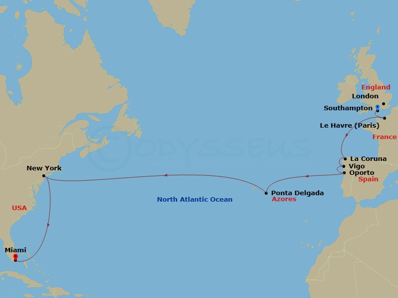 14 Night - Repo - Transatlantic - Norwegian Jewel - Starting in London (Southampton), United Kingdom, Le Havre / Paris, France, La Coruna, Spain, Vigo, Spain, Oporto, Portugal, Ponta Delgada, Portugal, New York City, Ny itinerary map