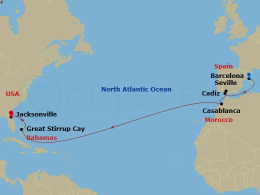 NCL Norwegian Dawn - 14 Night - Repo - Transatlantic - NCL Norwegian Dawn - Starting in Barcelona, Spain, Cadiz / Seville, Spain, Casablanca, Morocco, Great Stirrup Cay, Bahamas,.. itinerary map