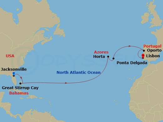 13 Night - Repo - Transatlantic - Norwegian Dawn - Starting in Jacksonville, Florida, Great Stirrup Cay, Bahamas, Horta, Azores, Portugal, Ponta Delgada, Portugal, Oporto, Portugal, Lisbon, Portugal itinerary map