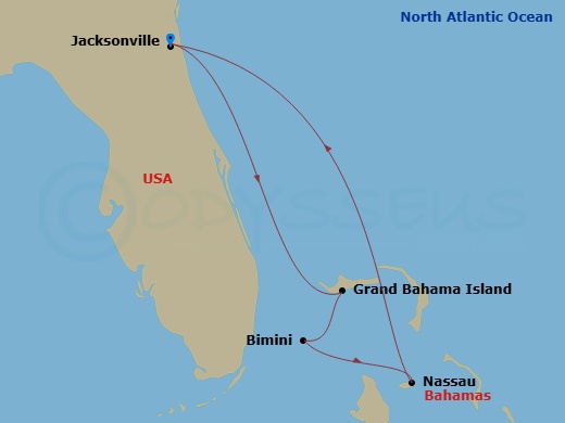 NCL Norwegian Dawn - 5 Night - Bahamas - Short - NCL Norwegian Dawn - Starting in Jacksonville, Florida, Grand Bahama Island, Bahamas, Bimini, Bahamas, Nassau, Bahamas, Jacksonvil.. itinerary map