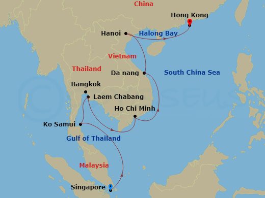 NCL Norwegian Jade Cruise Tours - 14 Night - Asia - East Asia - NCL Norwegian Jade Cruise Tours - Starting in At Hotel, Singapore, Ko Samui, Thailand, Laem Chabang, Thailand, Phu My / Ho Chi M.. itinerary map