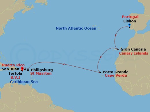 13 Night - Repo - Transatlantic - Norwegian Viva - Starting in Lisbon, Portugal, Las Palmas Gran Canaria, Spain, Porto Grande, Cape Verde, Philipsburg, St Maarten, Netherland Antilles, Tortola, British Virgin Islands, San Juan, Pr itinerary map