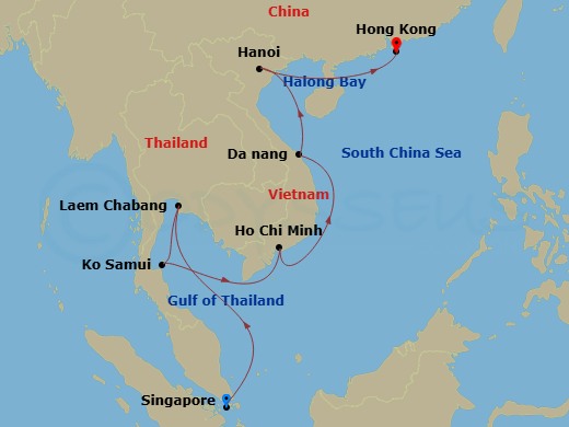 11 Night - Asia - East Asia - Norwegian Jade - Starting in Singapore, Laem Chabang, Thailand, Ko Samui, Thailand, Phu My / Ho Chi Minh City, Viet Nam, Da Nang, Viet Nam, Hanoi / Ha Long Bay, Viet Nam, Hong Kong, China itinerary map
