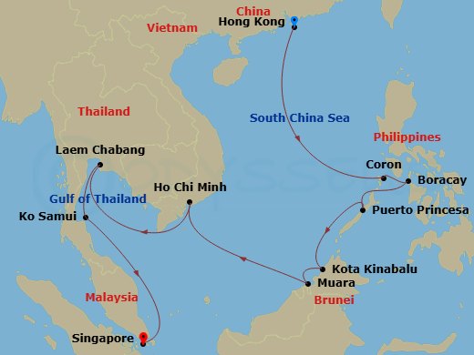 14 Night - Asia - East Asia - Norwegian Jade - Starting in Hong Kong, China, Coron, Philippines, Boracay, Philippines, Puerto Princesa, Philippines, Kota Kinabalu, Malaysia, Muara, Brunei, Darussalam, Phu My / Ho Chi Minh City, Viet Nam, Laem Chabang, Thailand, Ko Samui, Thailand, Singapore itinerary map