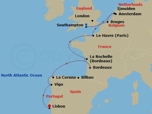 10 Night - Europe - France & Iberia - Norwegian Star - Starting in London (Southampton), United Kingdom, Amsterdam / Ijmuiden, Netherlands, Zeebrugge / Brussels / Brugge, Belgium, Le Havre / Paris, France, La Rochelle, France, Le Verdon Bordeaux, France, Bilbao, La Coruna, Spain, Vigo, Spain, Lisbon, Portugal itinerary map