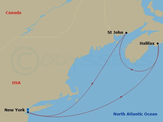 5 Night - Canada - Carnival Firenze - Starting in Manhattan, New York City, Halifax, NS, Canada, Saint John NB, Manhattan, New York City itinerary map