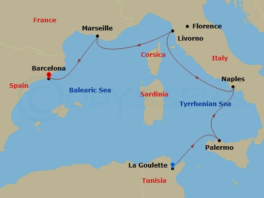 5 Night - Mediterranean - MSC Meraviglia - Starting in La Goulette, Tunisia, Palermo (Monreale), Italy, Naples (Pompeii), Italy, Livorno (Florence), Italy, Marseille (Provence), France, Barcelona, Spain itinerary map