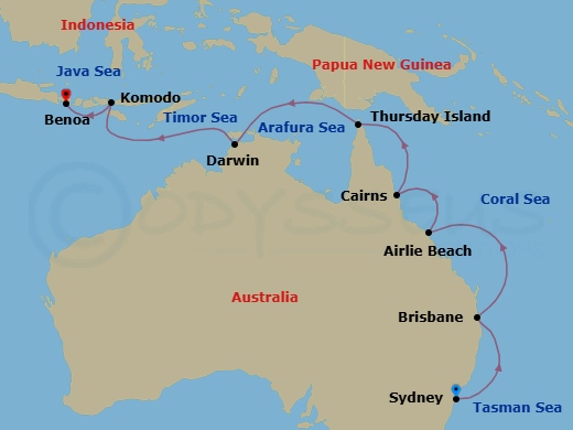 14 Night - Atolls & Dragons - Seven Seas Navigator - Starting in Sydney AU, Cruising the Tasman Sea, Brisbane, Cruising the Coral Sea, Airlie Beach, Cairns, Cruising the Coral Sea, Thursday Island, Cruising the Arafura Sea, Darwin, Cruising the Timor Sea, Komodo, Cruising the Bali Sea, Bali (Benoa) itinerary map