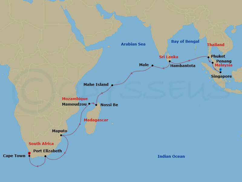 25 Night - East Africa Sojourn - Seven Seas Navigator - Starting in Singapore, Cruising the Malacca Strait, Penang, Phuket, Cruising the Andaman Sea, Cruising the Indian Ocean, Hambantota, Cruising the Laccadive Sea, Male, Cruising the Indian Ocean, Mahe, Cruising the Indian Ocean, Nosy Be, Mayotte, Cruising the Mozambique Channel, Maputo, Cruising the Indian Ocean, Port Elizabeth ZA, Cruising the Atlantic Ocean, Cape Town itinerary map