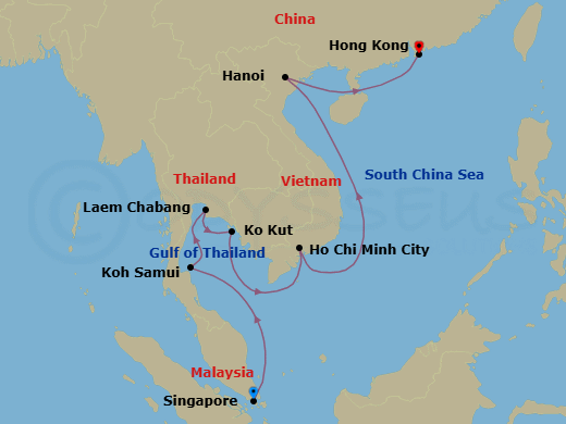 12 Night - Fusion of Ancient & Modern - Seven Seas Navigator - Starting in Singapore, Cruising the Gulf of Thailand, Ko Samui, Bangkok (Laem Chabang), Koh Kut / Kood Island, Cruising the Gulf of Thailand, Ho Chi Minh City (Saigon), Cruising the South China Sea, Hanoi (Ha Long Bay), Cruising the South China Sea, Hong Kong itinerary map
