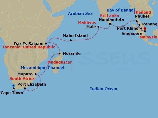 28 Night - Indian Ocean Gems - Seven Seas Navigator - Starting in Cape Town, Cruising the Indian Ocean, Port Elizabeth ZA, Cruising the Indian Ocean, Maputo, Cruising the Mozambique Channel, Nosy Be, Cruising the Indian Ocean, Dar Es Salaam, Cruising the Indian Ocean, Mahe, Cruising the Indian Ocean, Male, Cruising the Indian Ocean, Hambantota, Cruising the Bay of Bengal, Phuket, Penang, Kuala Lumpur (Port Klang), Singapore itinerary map