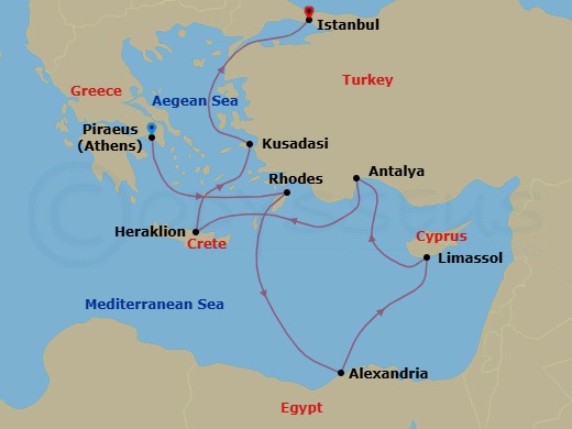 11 Night - Romance, Ruins & Rhodes - Seven Seas Navigator - Starting in Athens (Piraeus), Rhodes, Cruising the Mediterranean Sea, Alexandria EG, Limassol, Antalya, Heraklion (Crete), Kusadasi, Cruising the Aegean Sea, Istanbul itinerary map