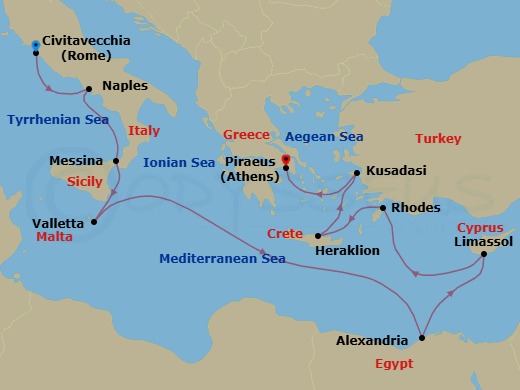 14 Night - Spice Trail Sail - Seven Seas Navigator - Starting in Rome (Civitavecchia), Naples / Pompeii, Messina (Sicily), Valletta, Cruising the Mediterranean Sea, Alexandria EG, Cruising the Mediterranean Sea, Limassol, Rhodes, Heraklion (Crete), Kusadasi, Athens (Piraeus) itinerary map