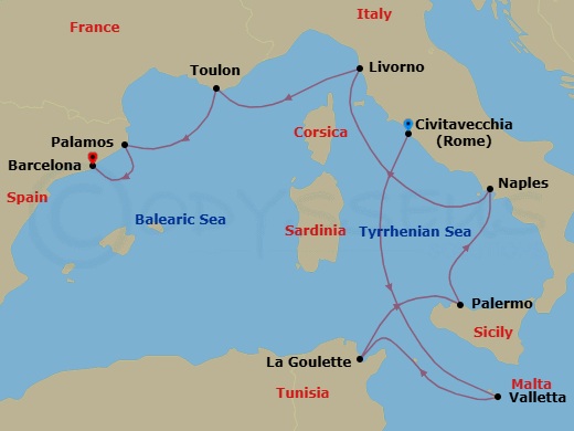 10 Night - Old World Exploration - Seven Seas Navigator - Starting in Rome (Civitavecchia), Cruising the Tyrrhenian Sea, Valletta, La Goulette, Palermo (Sicily), Naples / Pompeii, Cruising the Tyrrhenian Sea, Tuscany (Livorno), Toulon, Palamos, Barcelona itinerary map