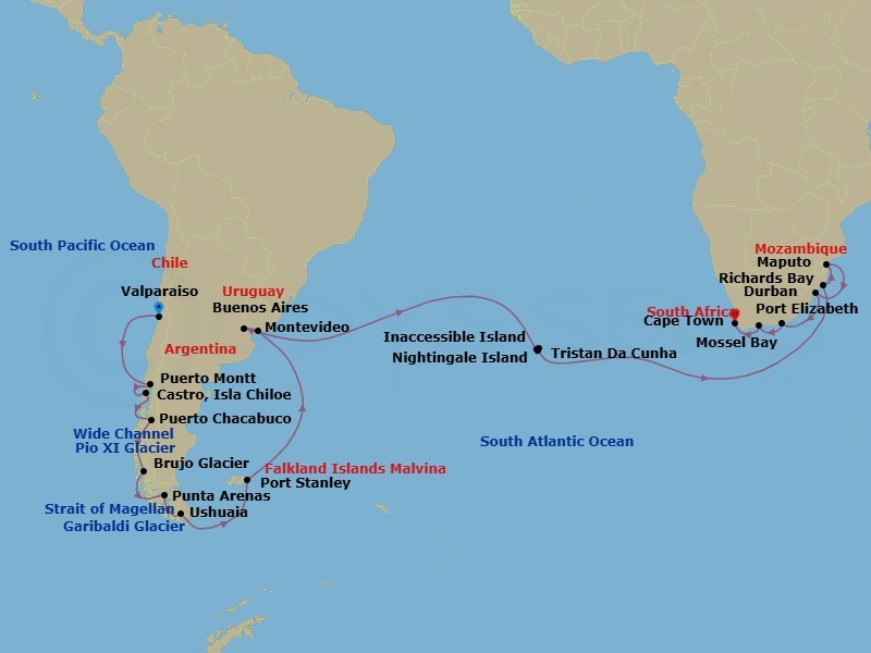 53 Night - Chilean Fjords, Antarctica & South Atlantic Explorer - Seabourn Quest - Starting in Valparaiso (Santiago), Chile, Puerto Montt, Chile, Castro, Isla Chiloe, Chile, Scenic cruising Gulf of Corcovado, Puerto Chacabuco, Chile, Scenic cruising Wide Channel, Scenic cruising Eyre Fjord, Pio XI Glacier (Bruggen Glacier), Chile, Scenic cruising Peel Fjord, Brujo Glacier, Chile, Scenic cruising Sarmiento Channel, Strait of Magellan, Punta Arenas, Chile, Garibaldi Glacier, Chile, Ushuaia, Argentina, Antarctica, The Falkland Islands, Port Stanley, Falkland Islands, Montevideo, Uruguay, Buenos Aires, Argentina, Scenic cruising Inaccessible Island, Tristan da Cunha, St Helena, Ascension and Tristan da Cunha, Nightingale Island, St Helena, Ascension and Tristan da Cunha, Richards Bay, South Africa, Maputo, Mozambique, Durban, South Africa, Gqeberha (Port Elizabeth ZA), South Africa, Mossel Bay, South Africa, Cape Town, South Africa itinerary map