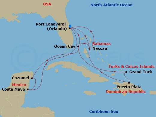 MSC World Atlantic - 14 Night - Caribbean and Antilles - MSC World Atlantic - Starting in Port Canaveral (Orlando), Nassau, Bahamas, Ocean Cay Msc Marine Reserve, Bahamas, Cozumel.. itinerary map