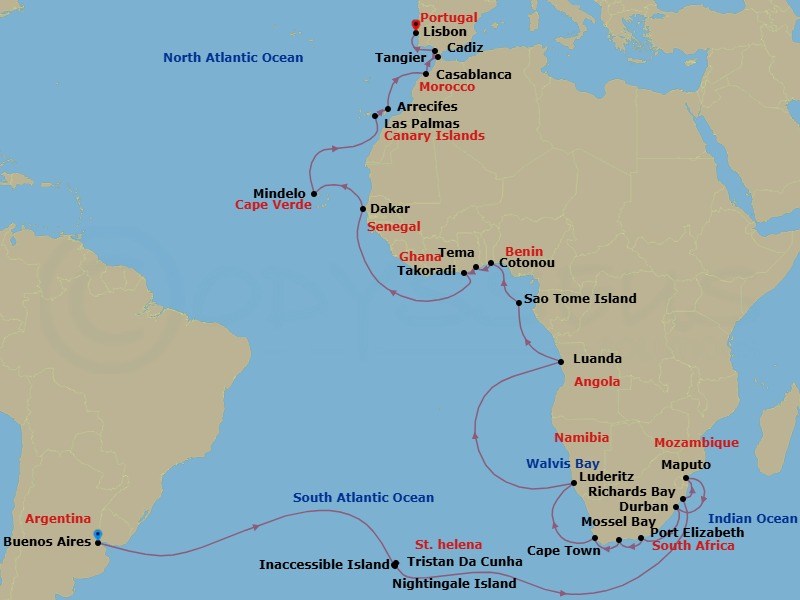 55 Night - South Atlantic, West Coast of Africa & Spain - Seabourn Quest - Starting in Buenos Aires, Argentina, Scenic cruising Inaccessible Island, Tristan da Cunha, St Helena, Ascension and Tristan da Cunha, Nightingale Island, St Helena, Ascension and Tristan da Cunha, Richards Bay, South Africa, Maputo, Mozambique, Durban, South Africa, Gqeberha (Port Elizabeth ZA), South Africa, Mossel Bay, South Africa, Cape Town, South Africa, Luderitz, Namibia, Walvis Bay, Namibia, Luanda, Angola, Sao Tome, Sao Tome and Principe, Cotonou, Benin, Tema (Accra), Ghana, Takoradi, Ghana, Dakar, Senegal, Mindelo, Cape Verde, Las Palmas, Gran Canaria, Canary Islands, Spain, Arrecife, Lanzarote, Canary Islands, Spain, Casablanca, Morocco, Tangier, Morocco, Cadiz (Seville), Spain, Lisbon, Portugal itinerary map