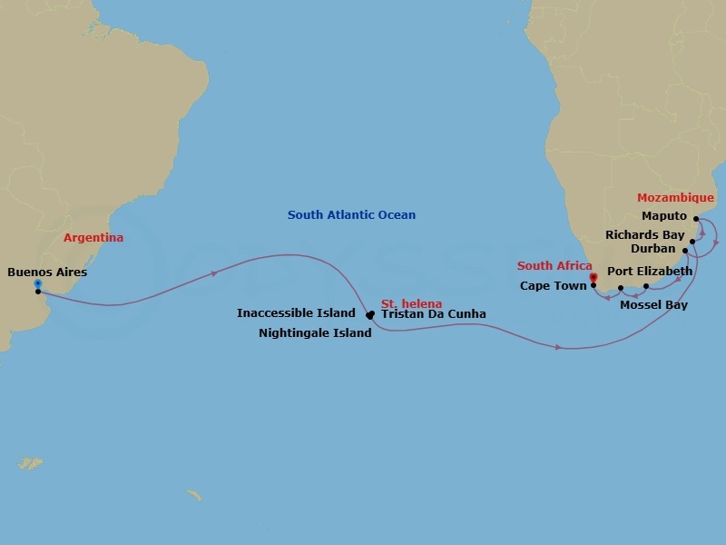 25 Night - South Atlantic Isles & Southern African Gems - Seabourn Quest - Starting in Buenos Aires, Argentina, Scenic cruising Inaccessible Island, Tristan da Cunha, St Helena, Ascension and Tristan da Cunha, Nightingale Island, St Helena, Ascension and Tristan da Cunha, Richards Bay, South Africa, Maputo, Mozambique, Durban, South Africa, Gqeberha (Port Elizabeth ZA), South Africa, Mossel Bay, South Africa, Cape Town, South Africa itinerary map