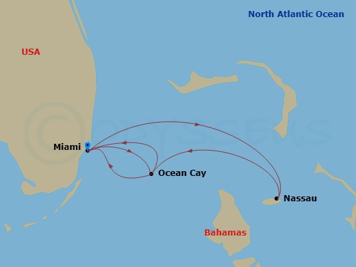 MSC Seaside - 7 Night - Caribbean and Antilles - MSC Seaside - Starting in Miami, Florida, Nassau, Bahamas, Ocean Cay Msc Marine Reserve, Bahamas, Miami, Florida, Ocean Cay.. itinerary map