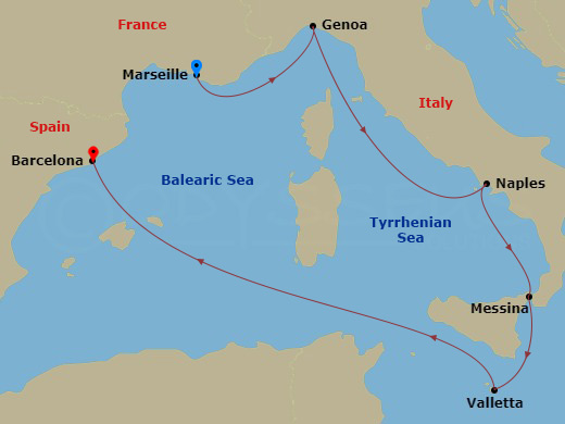 MSC World Europa - 6 Night - Mediterranean - MSC World Europa - Starting in Marseille (Provence), France, Genoa (Portofino), Italy, Naples (Pompeii), Italy, Messina (Taormina),.. itinerary map