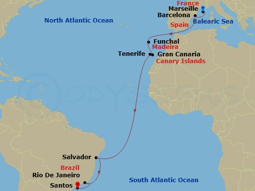 MSC Virtuosa - 17 Night - Msc Grand Voyages - MSC Virtuosa - Starting in Marseille (Provence), France, Barcelona, Spain, Funchal (Madeira Islands), Portugal, Las Palmas de G.. itinerary map