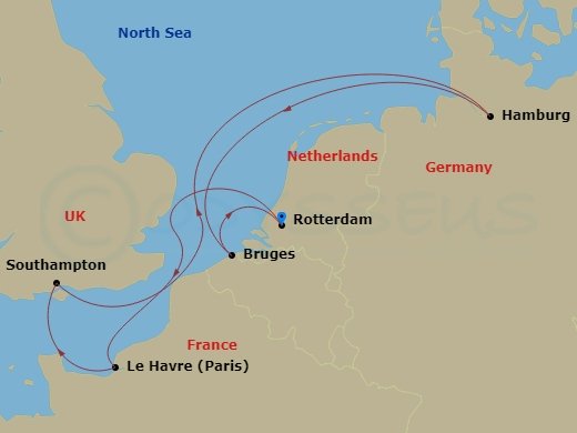 MSC Preziosa - 7 Night - Northern Europe - MSC Preziosa - Starting in Rotterdam (Amsterdam), Netherlands, Le Havre (Paris), France, Southampton (London), United Kingdom, Ham.. itinerary map