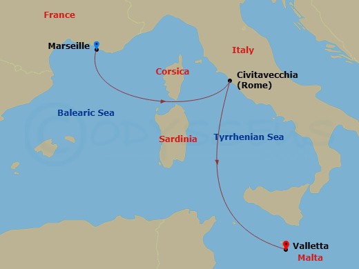 MSC Poesia - 3 Night - Northern Europe - MSC Poesia - Starting in Marseille (Provence), France, Civitavecchia (Rome), Italy, Valletta, Malta itinerary map