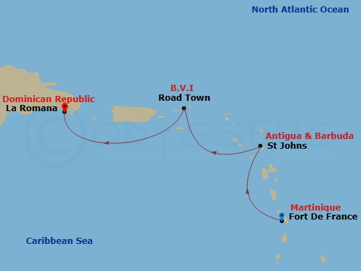 MSC Opera - 3 Night - South Caribbean - MSC Opera - Starting in Fort-de-France, Martinique, St Johns AG, Antigua, Road Town (Tortola), British Virgin Islands, La Romana,.. itinerary map