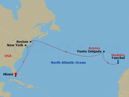 MSC Meraviglia - 15 Night - Msc Grand Voyages - MSC Meraviglia - Starting in Funchal (Madeira Islands), Portugal, Ponta Delgada (Azores), Portugal, Boston, New York, Miami, Fl.. itinerary map